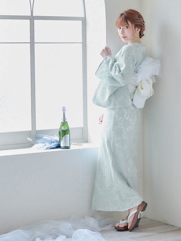 画像12: 【即日発送】ダスティーミントのレース浴衣  【浴衣３点セット 浴衣/帯/下駄】[YMT] (12)
