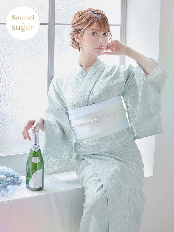 画像2: 【即日発送】ダスティーミントのレース浴衣  【浴衣３点セット 浴衣/帯/下駄】[YMT] (2)