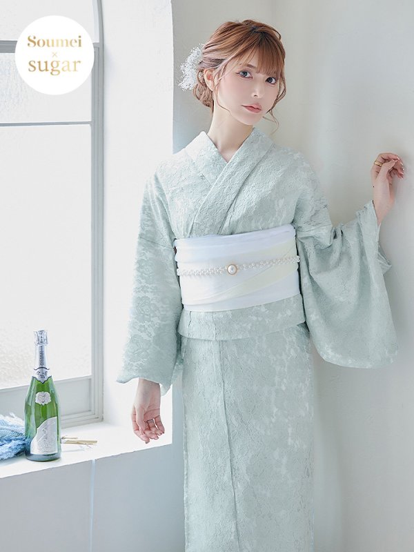 画像3: 【即日発送】ダスティーミントのレース浴衣  【浴衣３点セット 浴衣/帯/下駄】[YMT] (3)