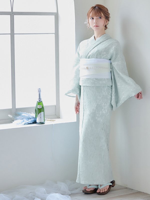 画像4: 【即日発送】ダスティーミントのレース浴衣  【浴衣３点セット 浴衣/帯/下駄】[YMT] (4)