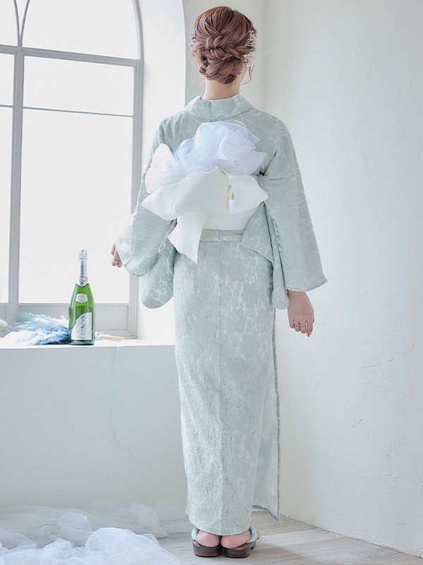 画像9: 【即日発送】ダスティーミントのレース浴衣  【浴衣３点セット 浴衣/帯/下駄】[YMT] (9)