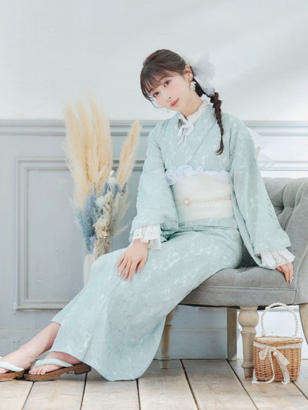 画像10: 【即日発送】ダスティーミントのレース浴衣  【浴衣３点セット 浴衣/帯/下駄】[YMT] (10)