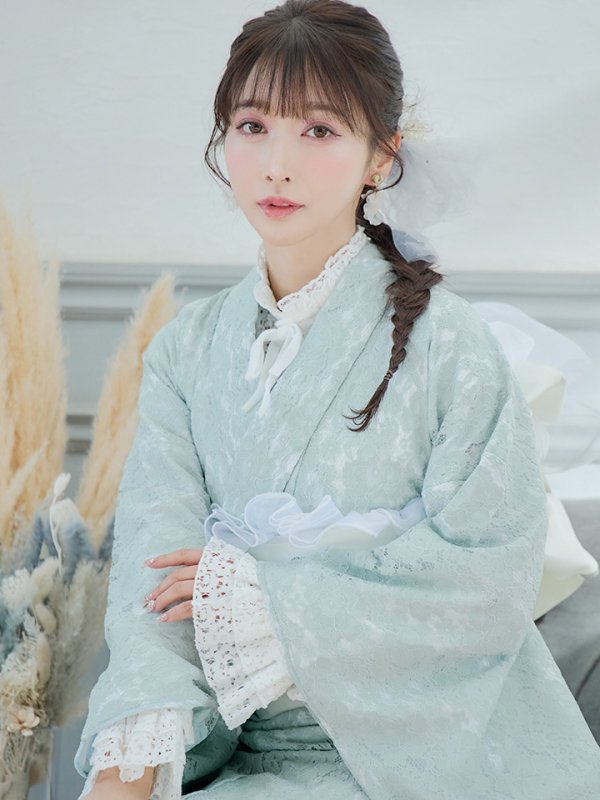 画像12: 【即日発送】ダスティーミントのレース浴衣  【浴衣３点セット 浴衣/帯/下駄】[YMT] (12)