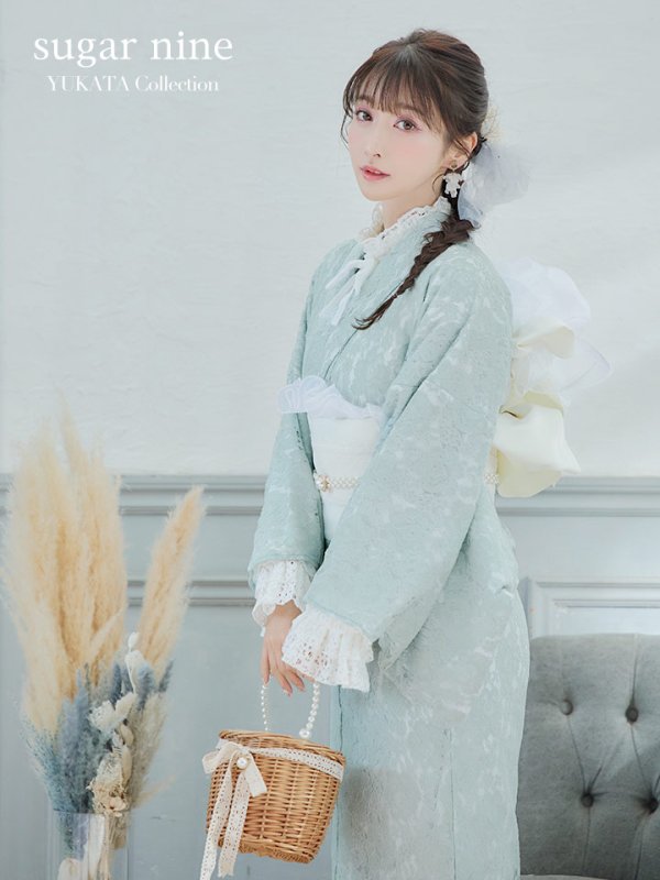 画像2: 【即日発送】ダスティーミントのレース浴衣  【浴衣３点セット 浴衣/帯/下駄】[YMT] (2)