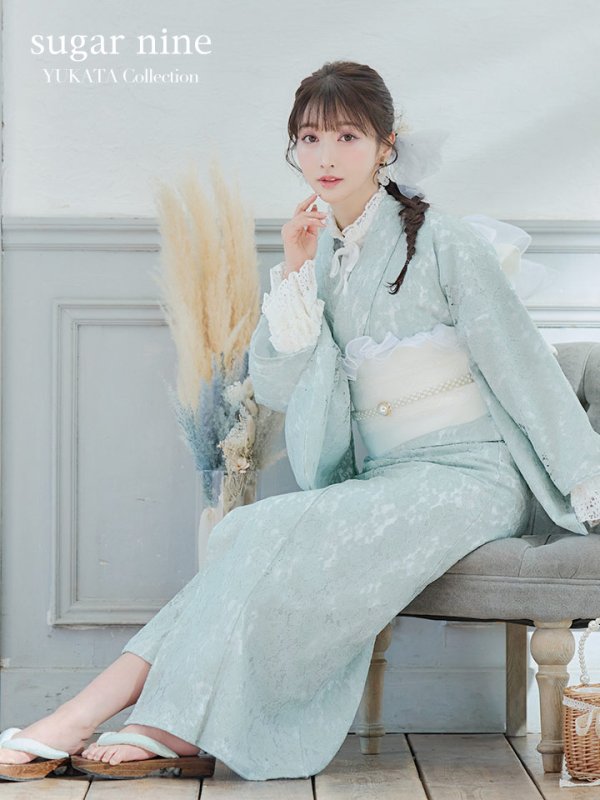 画像3: 【即日発送】ダスティーミントのレース浴衣  【浴衣３点セット 浴衣/帯/下駄】[YMT] (3)