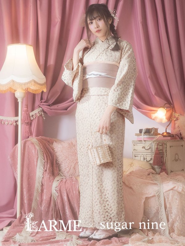 画像2: 【即日発送】くすみピンク地x小花レース浴衣  【浴衣３点セット 浴衣/帯/下駄】[YMT] (2)