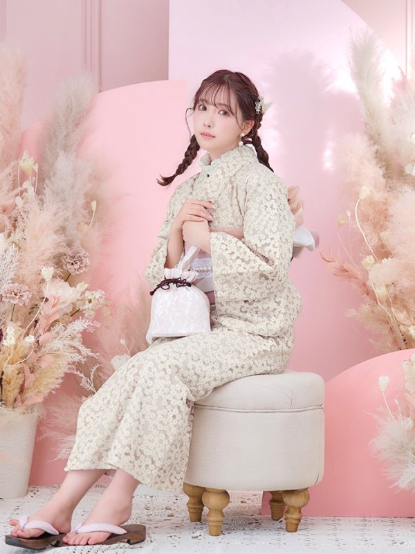 画像10: 【即日発送】くすみピンク地x小花レース浴衣  【浴衣３点セット 浴衣/帯/下駄】[YMT] (10)