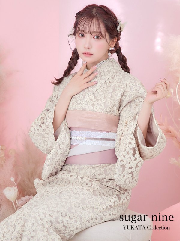 sugar 浴衣】ピンク地×白レース浴衣（19obi-30 即日発送】【浴衣】ピンク地×白レース浴衣 【浴衣3点セット