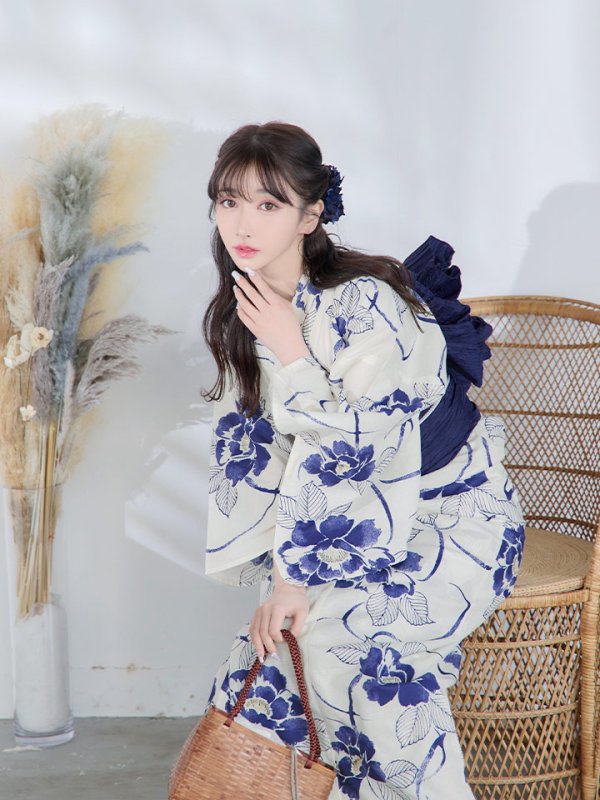 画像11: 【即日発送】水彩椿の綺麗系浴衣  【浴衣３点セット 浴衣/帯/下駄】[YMT] (11)