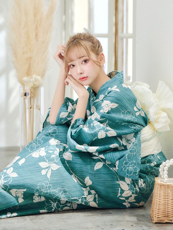 画像10: 【即日発送】アクアブルー椿浴衣【浴衣３点セット 浴衣/帯/下駄】[OF04] (10)