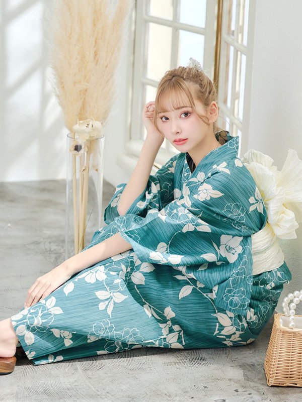 画像11: 【即日発送】アクアブルー椿浴衣【浴衣３点セット 浴衣/帯/下駄】[OF04] (11)