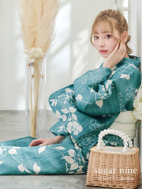 画像2: 【即日発送】アクアブルー椿浴衣【浴衣３点セット 浴衣/帯/下駄】[OF04] (2)