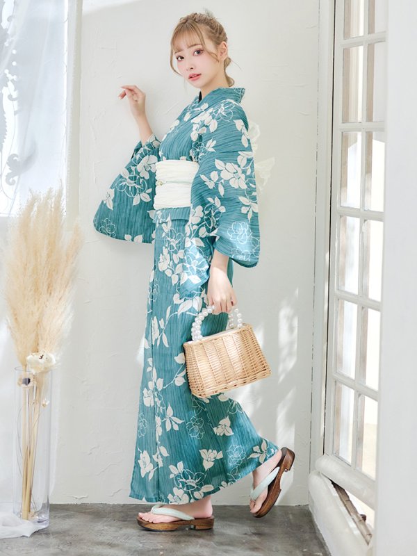 画像4: 【即日発送】アクアブルー椿浴衣【浴衣３点セット 浴衣/帯/下駄】[OF04] (4)