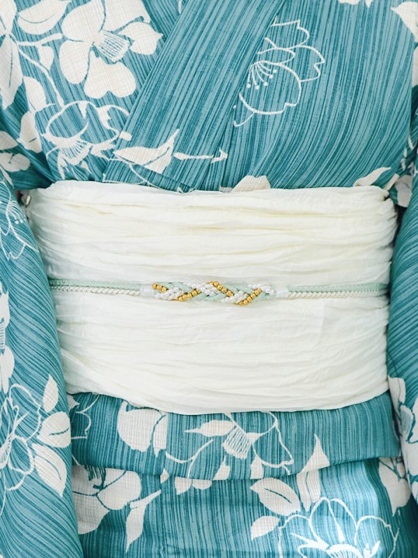 画像5: 【即日発送】アクアブルー椿浴衣【浴衣３点セット 浴衣/帯/下駄】[OF04] (5)