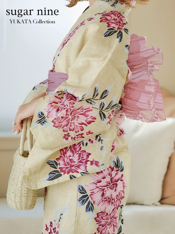 画像2: 【即日発送】【浴衣】イエロー地xピンク牡丹浴衣【浴衣３点セット 浴衣/帯/下駄】[YMT] (2)