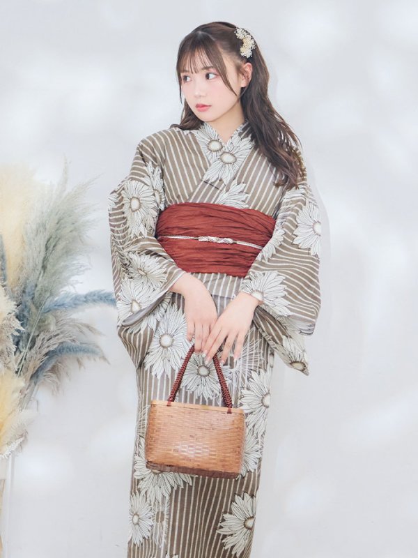 画像10: 【即日発送】ブラウンストライプにガーベラの花浴衣【浴衣３点セット 浴衣/帯/下駄】[YMT] (10)