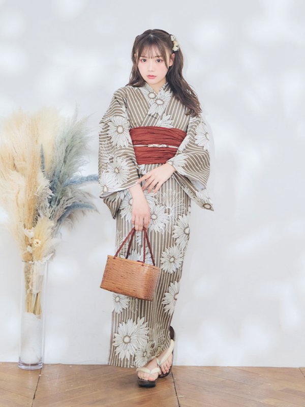 画像12: 【即日発送】ブラウンストライプにガーベラの花浴衣【浴衣３点セット 浴衣/帯/下駄】[YMT] (12)