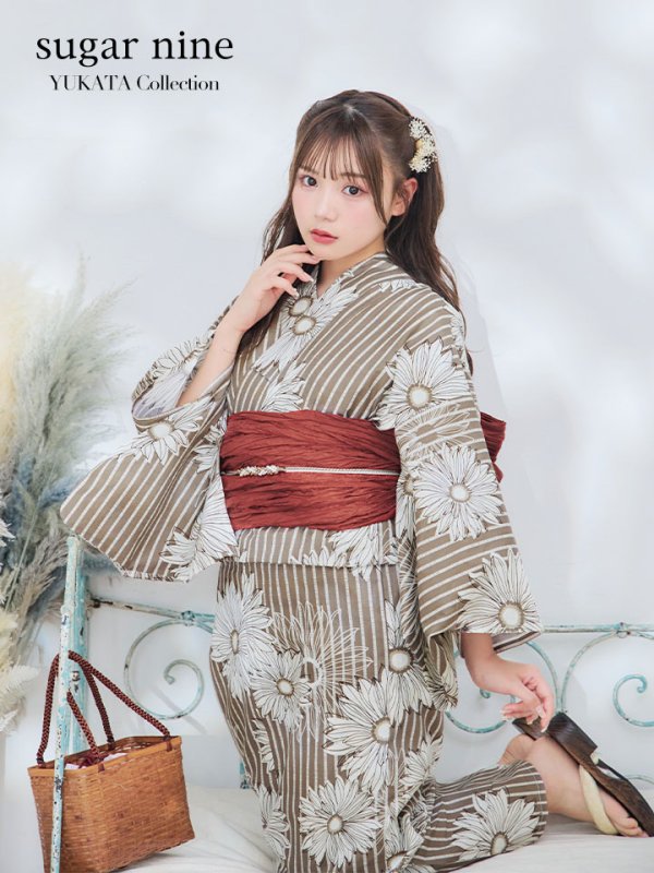 画像2: 【即日発送】ブラウンストライプにガーベラの花浴衣【浴衣３点セット 浴衣/帯/下駄】[YMT] (2)