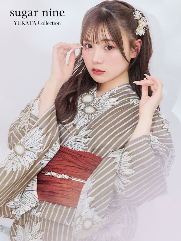 画像3: 【即日発送】ブラウンストライプにガーベラの花浴衣【浴衣３点セット 浴衣/帯/下駄】[YMT] (3)