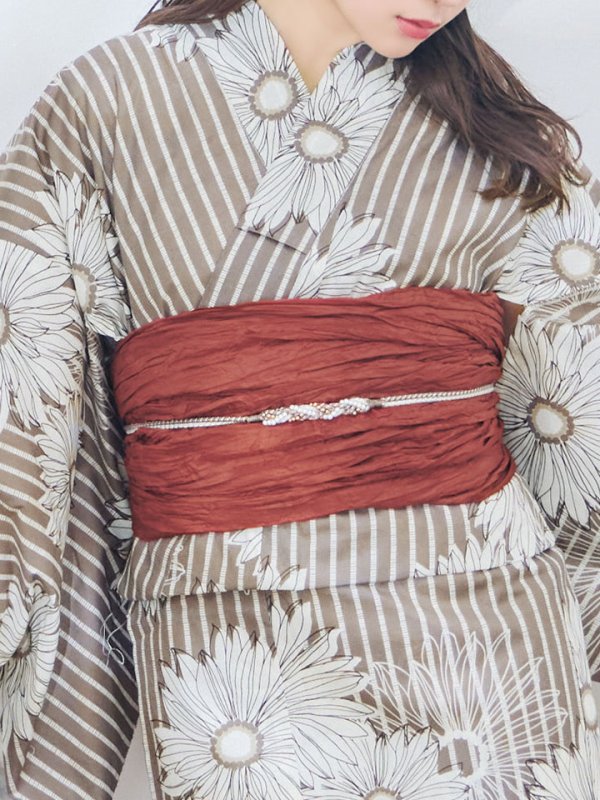 画像5: 【即日発送】ブラウンストライプにガーベラの花浴衣【浴衣３点セット 浴衣/帯/下駄】[YMT] (5)