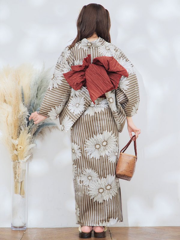 画像8: 【即日発送】ブラウンストライプにガーベラの花浴衣【浴衣３点セット 浴衣/帯/下駄】[YMT] (8)