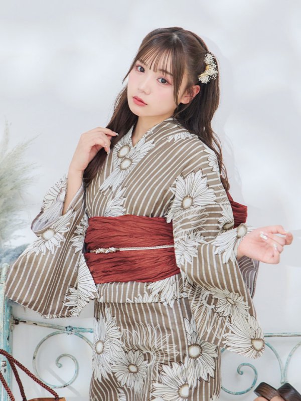 画像9: 【即日発送】ブラウンストライプにガーベラの花浴衣【浴衣３点セット 浴衣/帯/下駄】[YMT] (9)