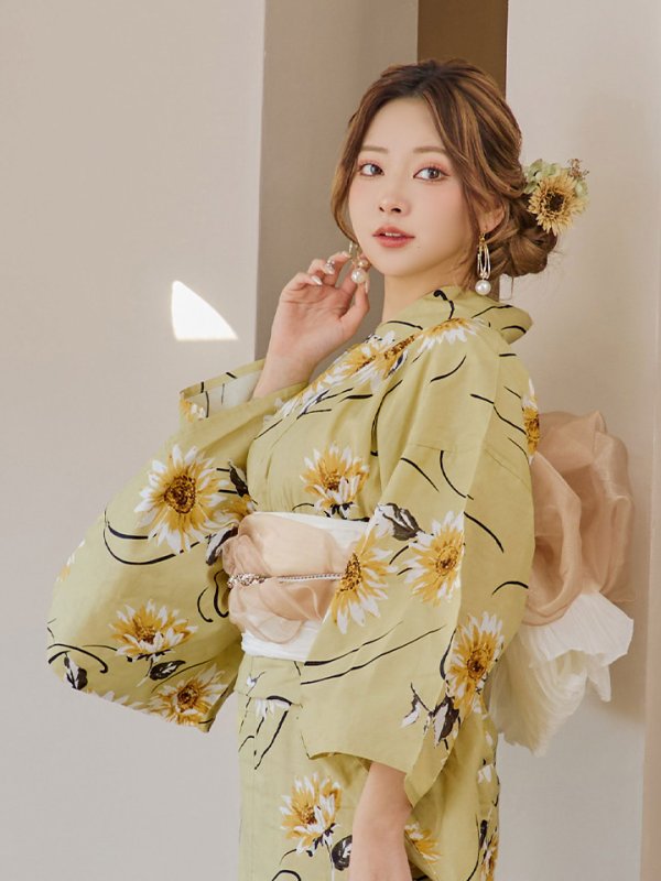 画像11: 【即日発送】くすみイエローマーガレット浴衣  【浴衣３点セット 浴衣/帯/下駄】[YMT] (11)