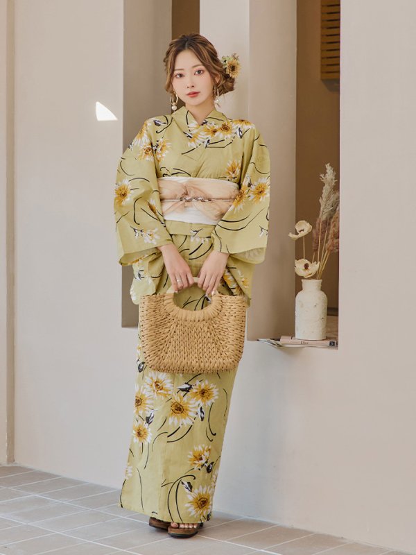 画像4: 【即日発送】くすみイエローマーガレット浴衣  【浴衣３点セット 浴衣/帯/下駄】[YMT] (4)