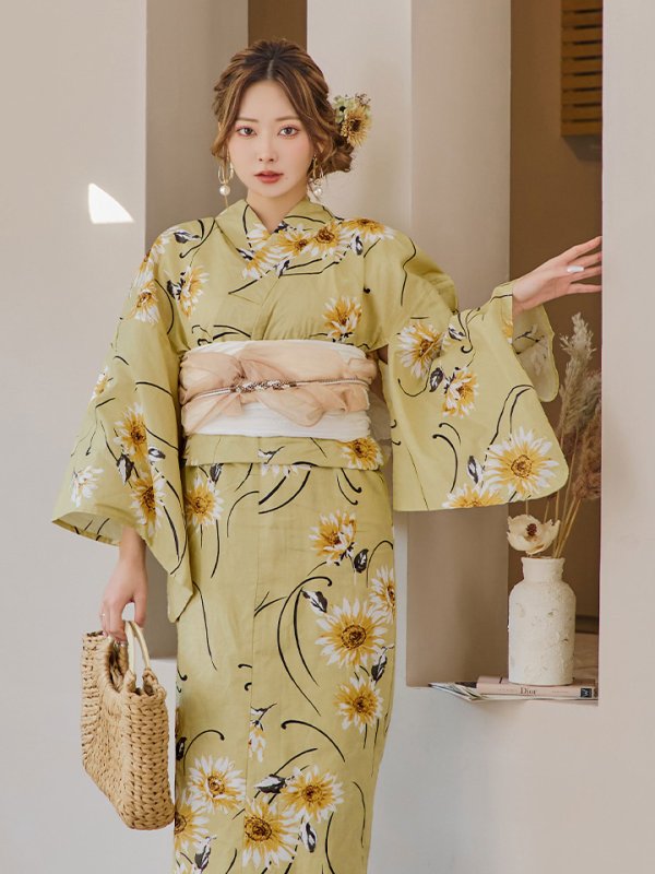 画像6: 【即日発送】くすみイエローマーガレット浴衣  【浴衣３点セット 浴衣/帯/下駄】[YMT] (6)