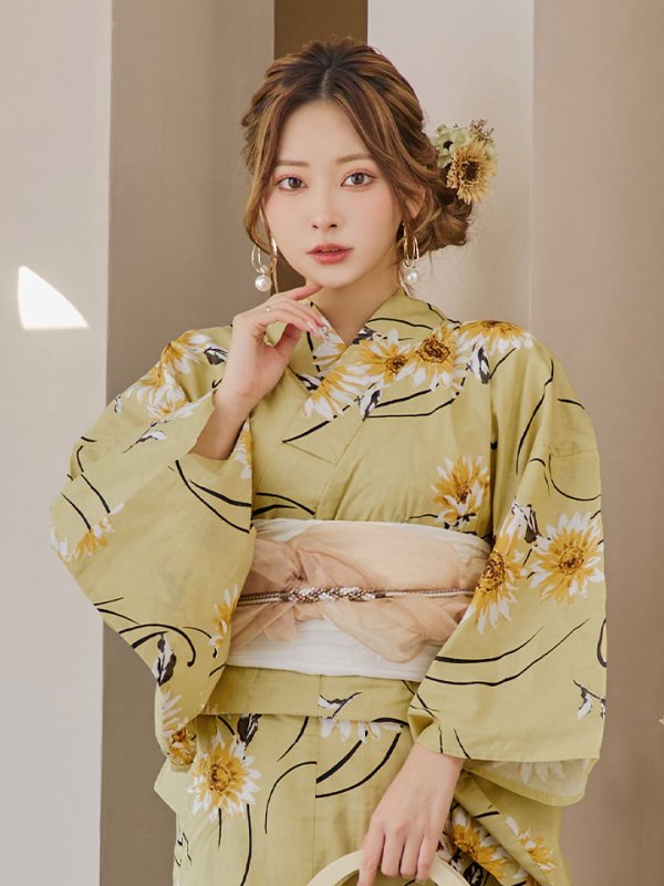 画像9: 【即日発送】くすみイエローマーガレット浴衣  【浴衣３点セット 浴衣/帯/下駄】[YMT] (9)