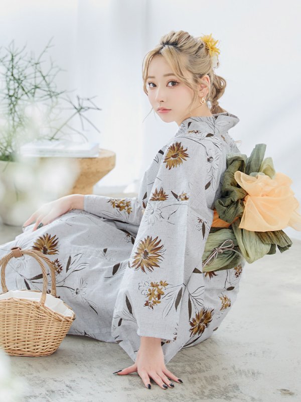 画像14: 【即日発送】グレー地×マーガレット浴衣  【浴衣３点セット 浴衣/帯/下駄】[YMT] (14)