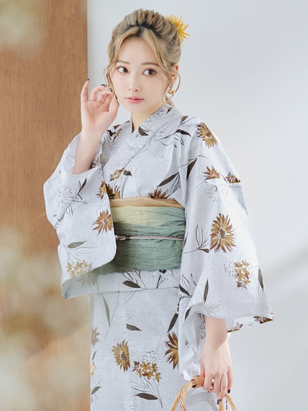 画像2: 【即日発送】グレー地×マーガレット浴衣  【浴衣３点セット 浴衣/帯/下駄】[YMT] (2)