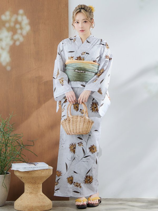 画像4: 【即日発送】グレー地×マーガレット浴衣  【浴衣３点セット 浴衣/帯/下駄】[YMT] (4)