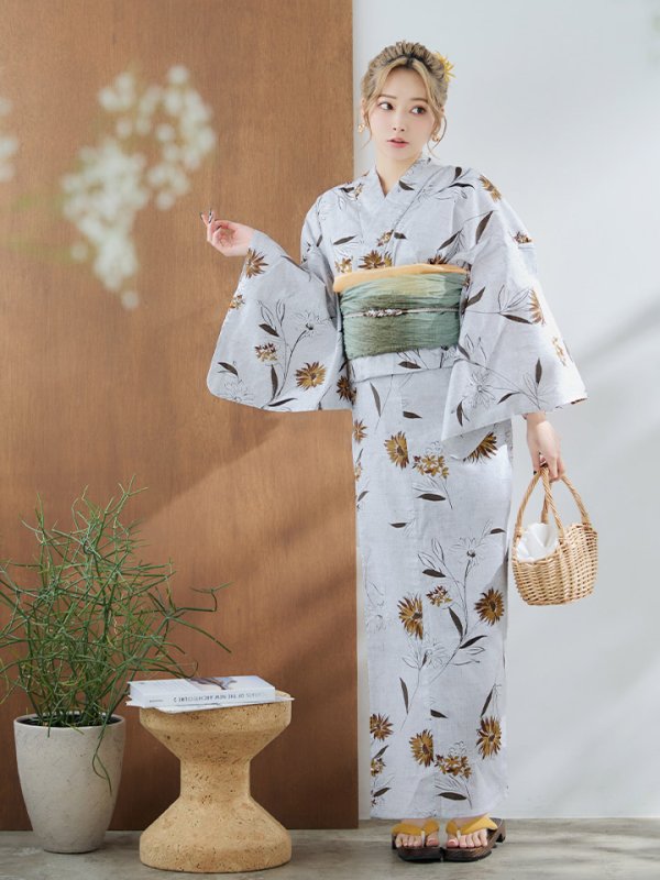 画像6: 【即日発送】グレー地×マーガレット浴衣  【浴衣３点セット 浴衣/帯/下駄】[YMT] (6)