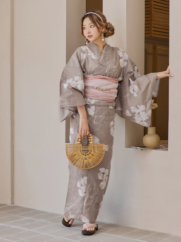 画像10: 【即日発送】グレージュ線画フラワー浴衣  【浴衣３点セット 浴衣/帯/下駄】[YMT] (10)