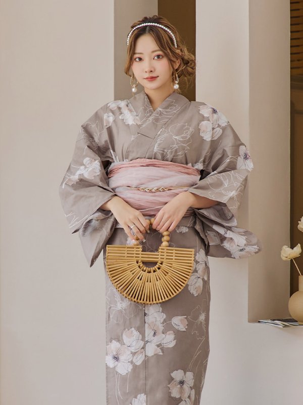 画像16: 【即日発送】グレージュ線画フラワー浴衣  【浴衣３点セット 浴衣/帯/下駄】[YMT] (16)