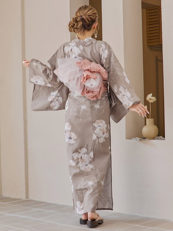 画像17: 【即日発送】グレージュ線画フラワー浴衣  【浴衣３点セット 浴衣/帯/下駄】[YMT] (17)