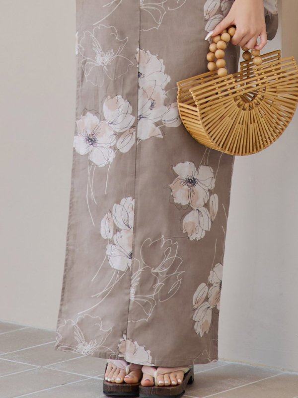 画像19: 【即日発送】グレージュ線画フラワー浴衣  【浴衣３点セット 浴衣/帯/下駄】[YMT] (19)