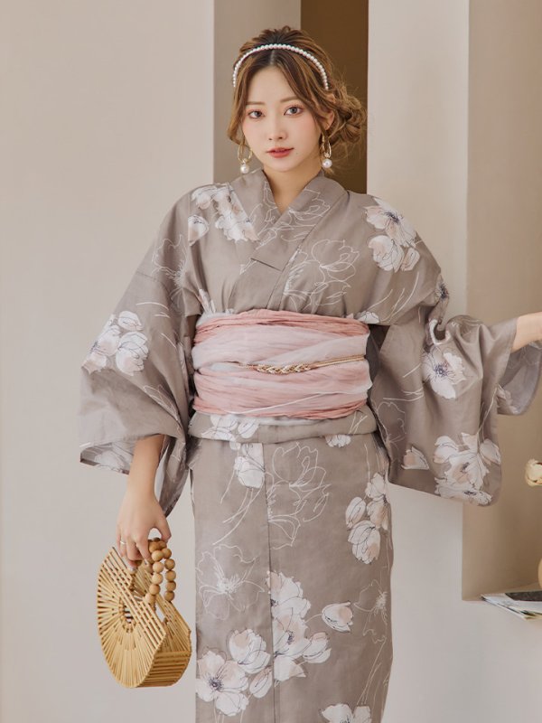 画像6: 【即日発送】グレージュ線画フラワー浴衣  【浴衣３点セット 浴衣/帯/下駄】[YMT] (6)