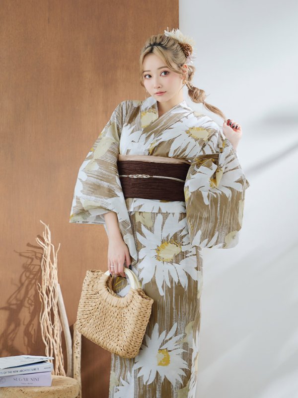 画像10: 【浴衣セール！】【即日発送】大人グリーンベージュフラワー浴衣  【浴衣３点セット 浴衣/帯/下駄】[YMT] (10)