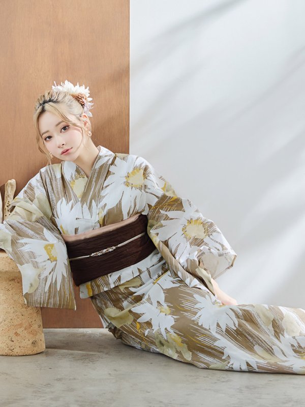 画像18: 【浴衣セール！】【即日発送】大人グリーンベージュフラワー浴衣  【浴衣３点セット 浴衣/帯/下駄】[YMT] (18)