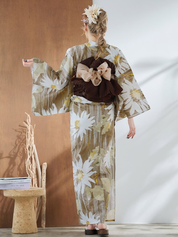 画像19: 【浴衣セール！】【即日発送】大人グリーンベージュフラワー浴衣  【浴衣３点セット 浴衣/帯/下駄】[YMT] (19)