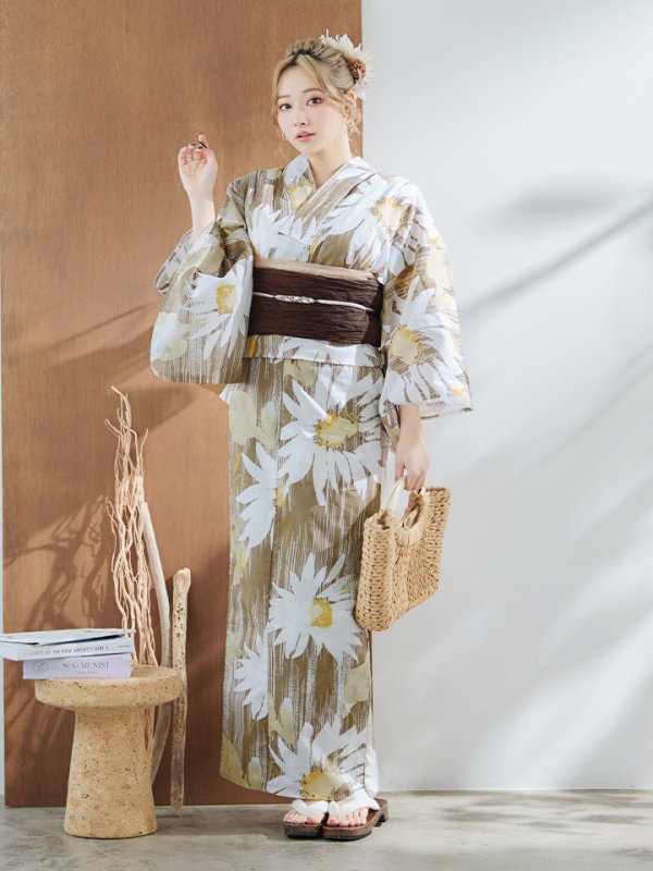 画像4: 【浴衣セール！】【即日発送】大人グリーンベージュフラワー浴衣  【浴衣３点セット 浴衣/帯/下駄】[YMT] (4)
