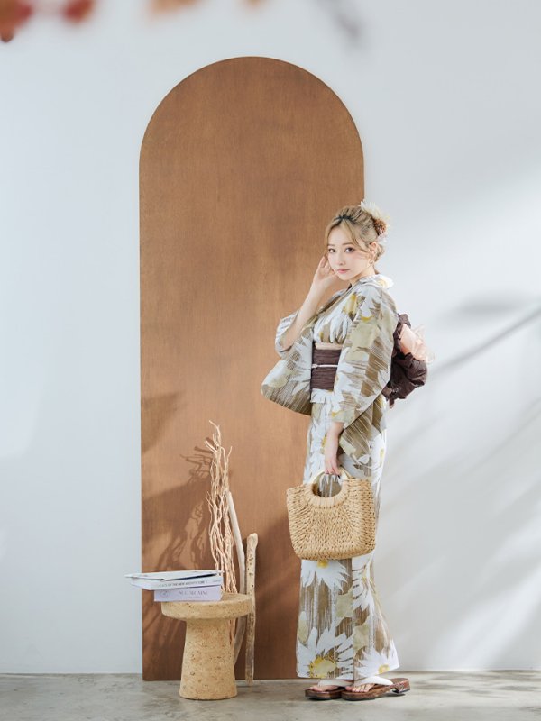 画像6: 【浴衣セール！】【即日発送】大人グリーンベージュフラワー浴衣  【浴衣３点セット 浴衣/帯/下駄】[YMT] (6)