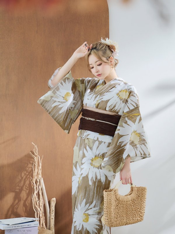 画像7: 【浴衣セール！】【即日発送】大人グリーンベージュフラワー浴衣  【浴衣３点セット 浴衣/帯/下駄】[YMT] (7)