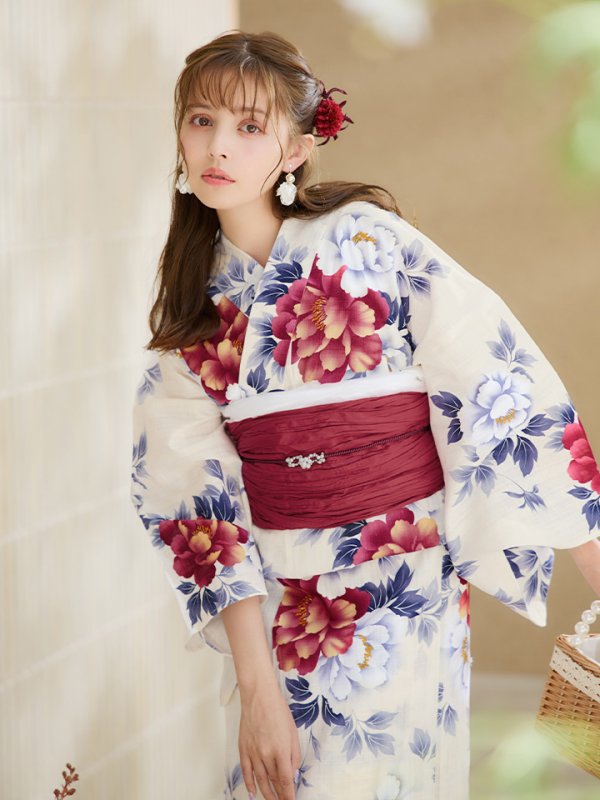 画像14: 【即日発送】ホワイト×レッド牡丹浴衣  【浴衣３点セット 浴衣/帯/下駄】[OF04] (14)