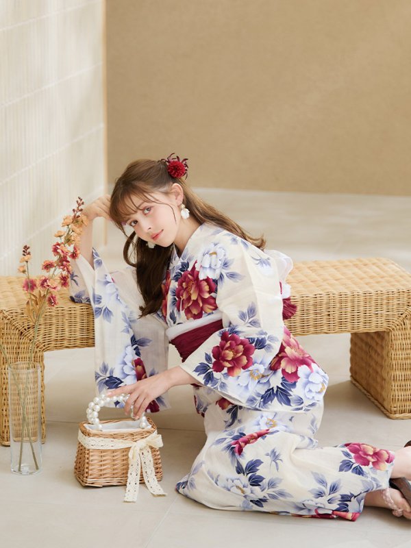 画像17: 【即日発送】ホワイト×レッド牡丹浴衣  【浴衣３点セット 浴衣/帯/下駄】[OF04] (17)