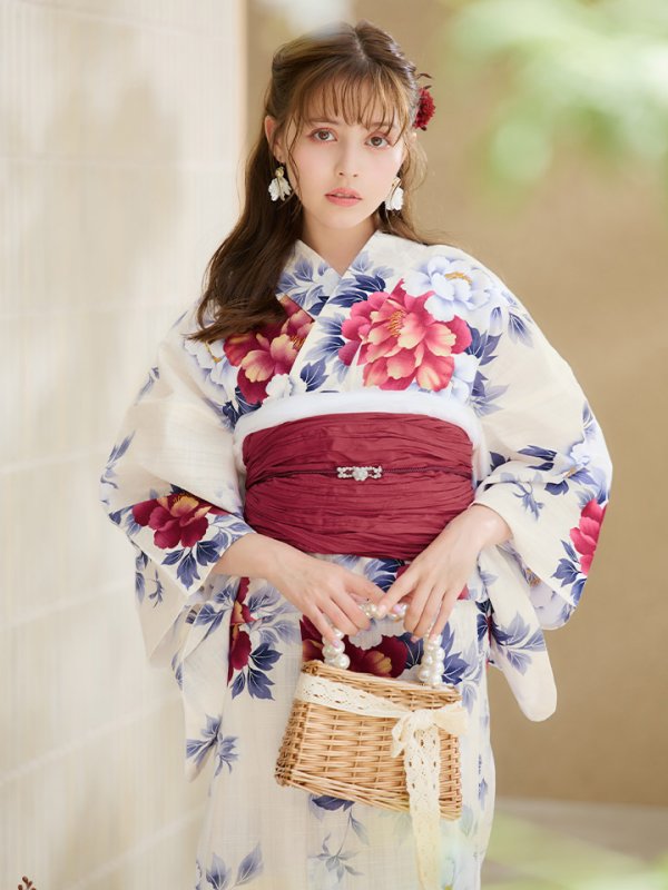 画像2: 【即日発送】ホワイト×レッド牡丹浴衣  【浴衣３点セット 浴衣/帯/下駄】[OF04] (2)
