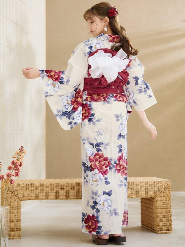 画像23: 【即日発送】ホワイト×レッド牡丹浴衣  【浴衣３点セット 浴衣/帯/下駄】[OF04] (23)