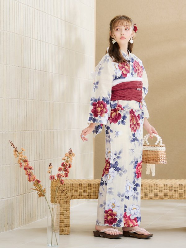 画像3: 【即日発送】ホワイト×レッド牡丹浴衣  【浴衣３点セット 浴衣/帯/下駄】[OF04] (3)